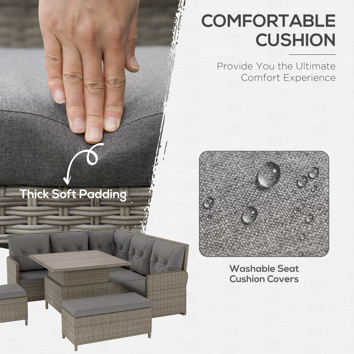 Outsunny 6 PCs Rattan Garden Furniture Sectional Corner Sofa, Light Grey