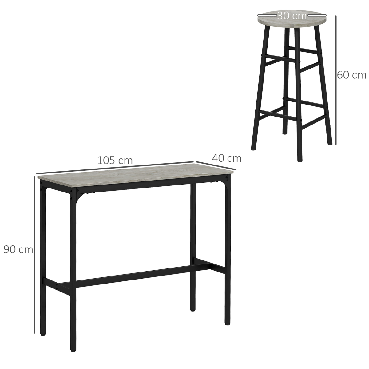 HOMCOM 3 Piece Bar Set, Industrial Kitchen and Chair Set for Small Space, Grey