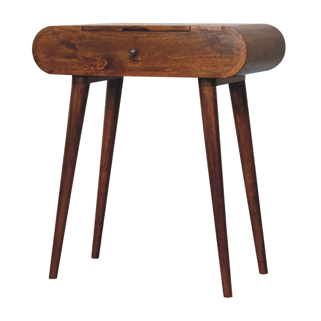 Artisan Furniture Solid Wood Mini Round Chestnut Fold Vanity, 4 Storage Compartments with Mirror, Dark Brown
