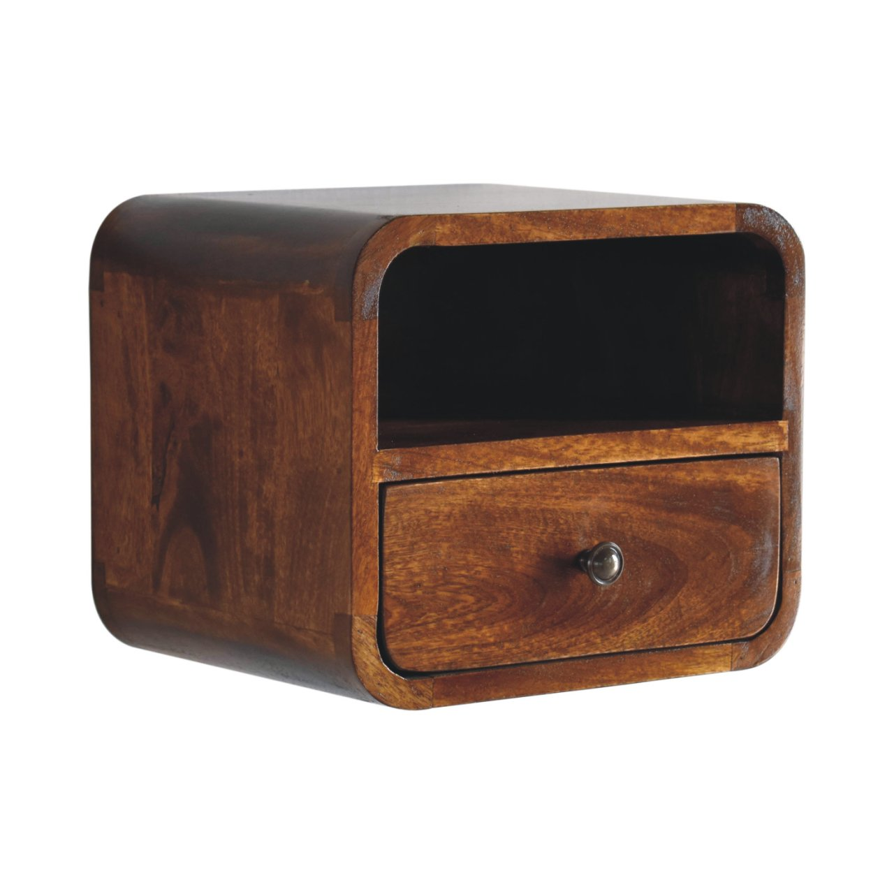 Artisan Furniture Solid Wood Extra Mini Wall Mounted Curved Chestnut Bedside with Open Slot, 1 Drawer, Dark Brown Color