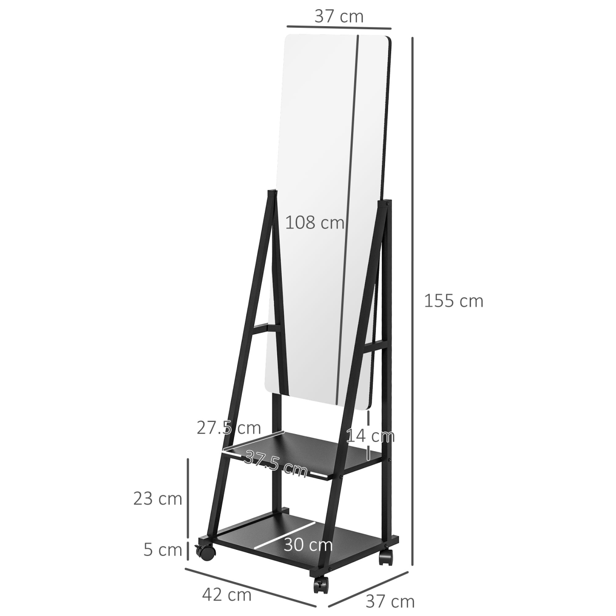 HOMCOM Movable Full Length Mirror Adjustable Full Body Mirror with 2 Shelves