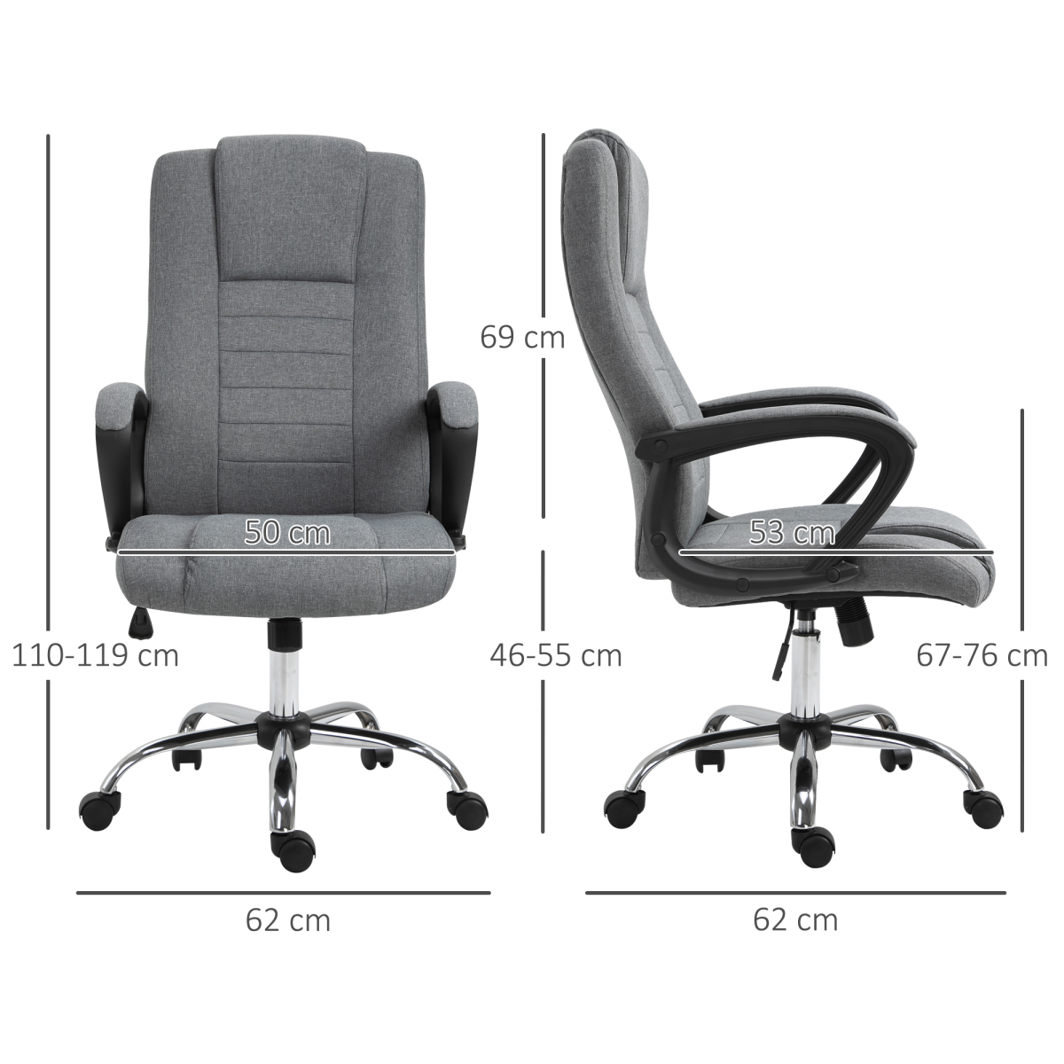 Linen Office Chair 360??Swivel High Back Wide Adjustable Seat Grey Vinsetto