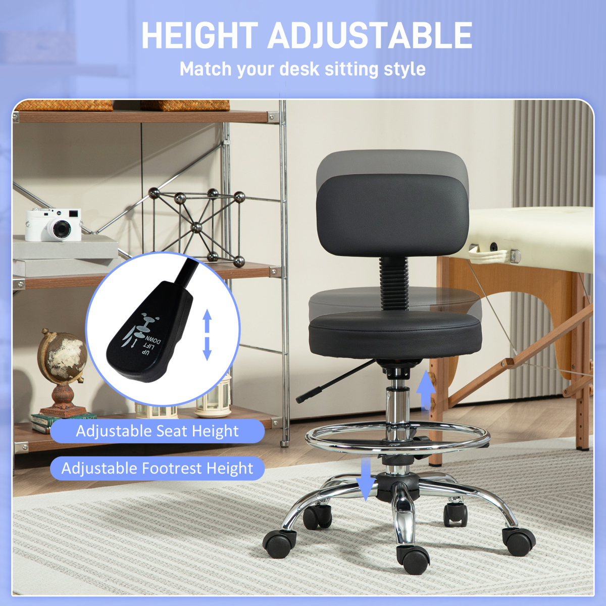 Adjustable Black Faux Leather Swivel Bar Stool - Comfortable & Stylish Seating