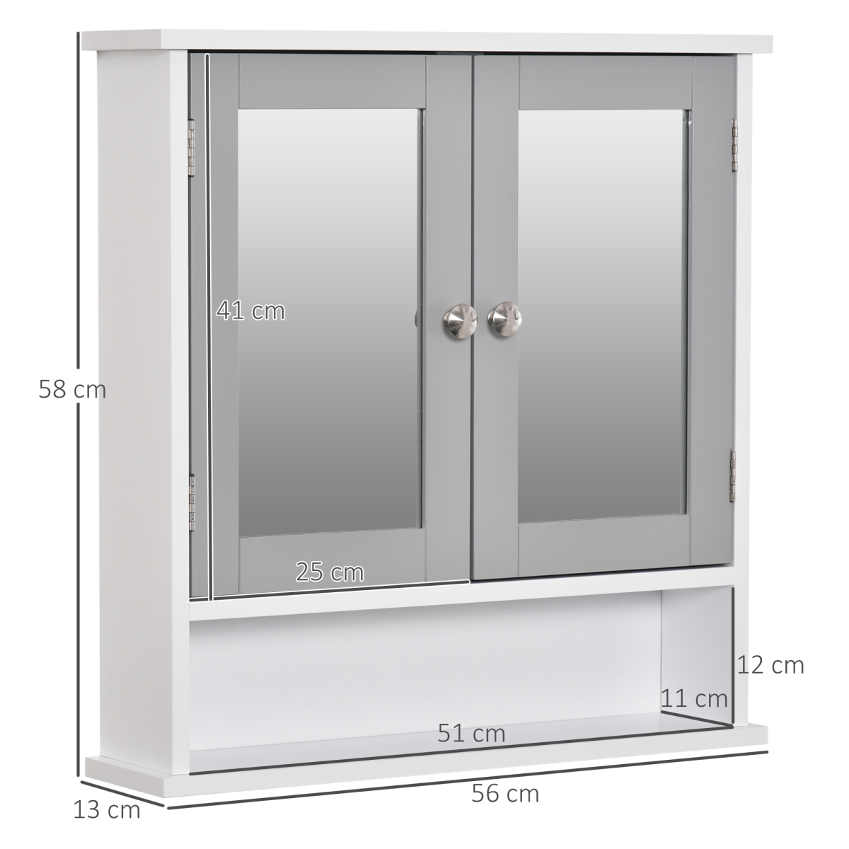 Mirror Cabinet Wall Mounted with Double Mirrored Doors, Hanging Cabinet, Grey