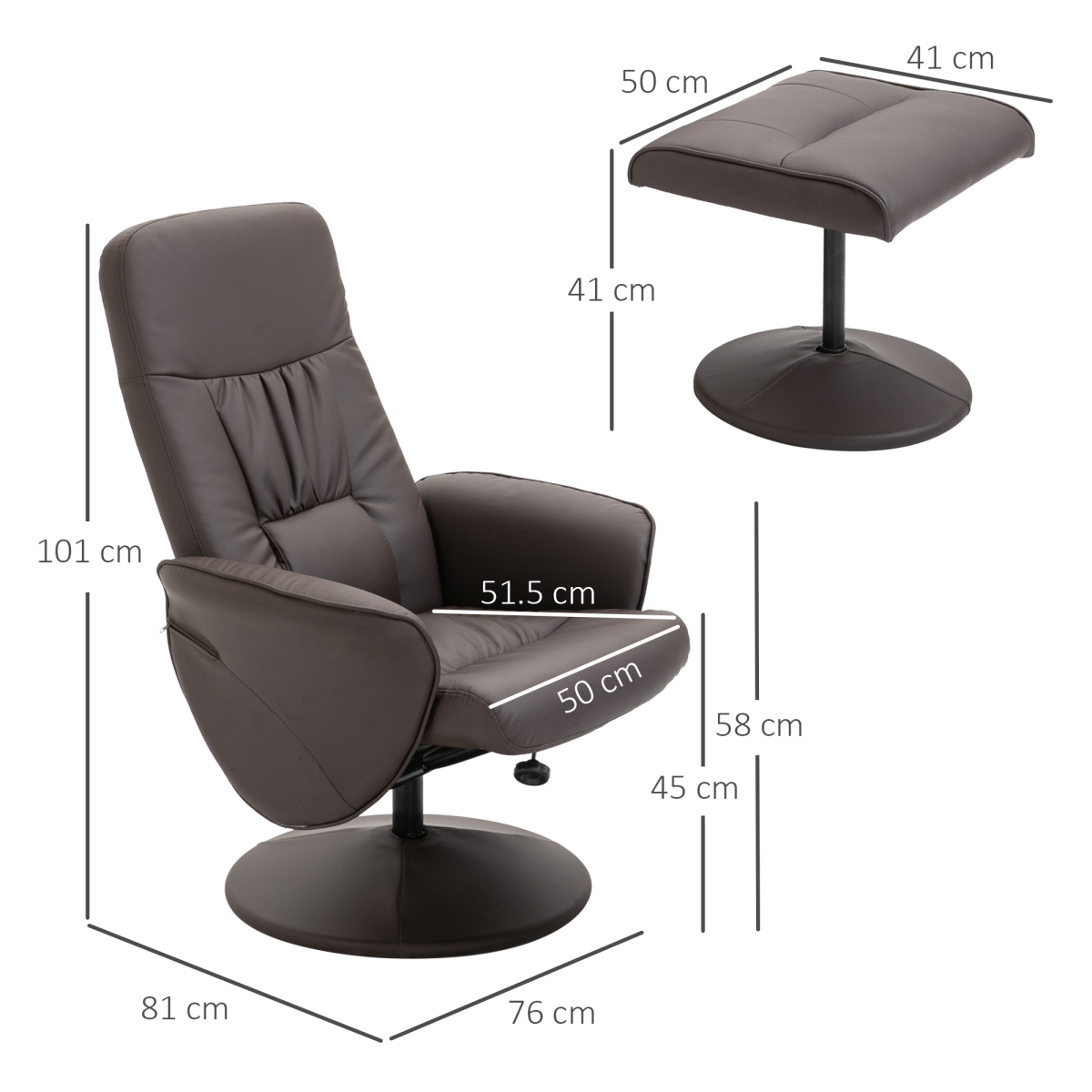 2 Pcs Reclining Armchair Ottoman 360 Swivel Home Furniture PU Leather Brown