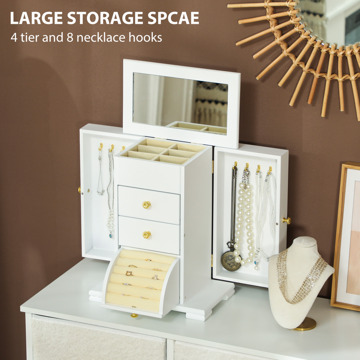 HOMCOM 4-Tier Large Jewellery Box with Mirror and 2 Drawers, White