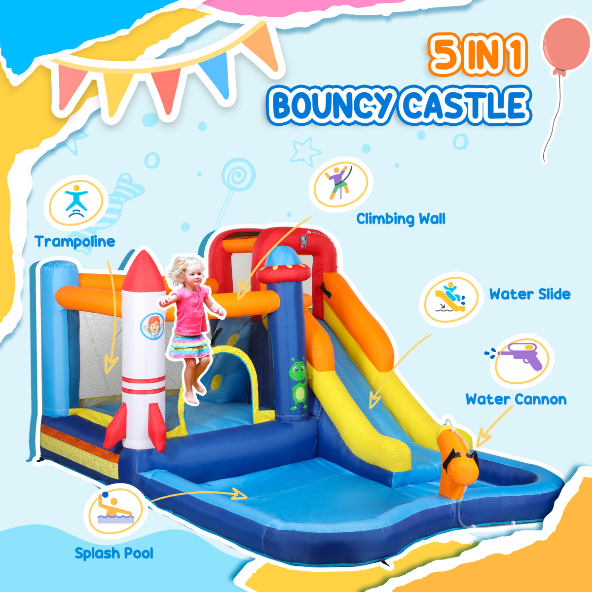 AIYAPLAY 5 in 1 Bouncy Castle for Children with 550W Blower, Water Slide