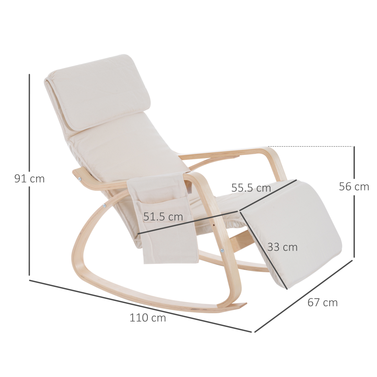 Rocking Chair Recliner Armchair with Adjustable Footrest, Cream White