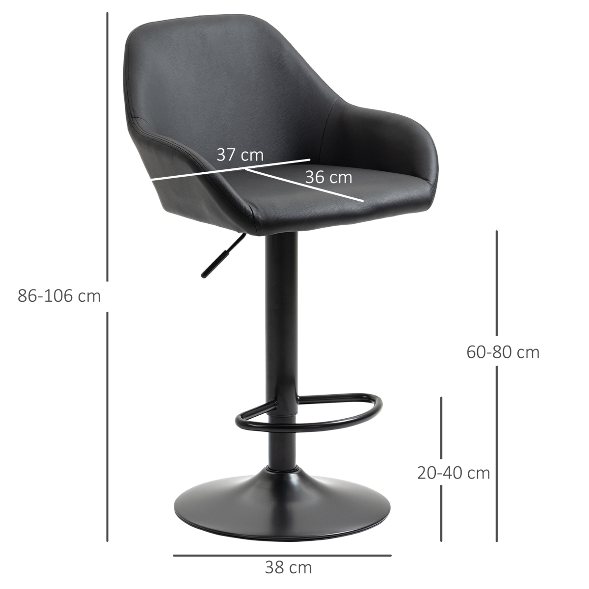 Set of 2, Swivel Barstools with Footrest and Backrest, PU Leather Black