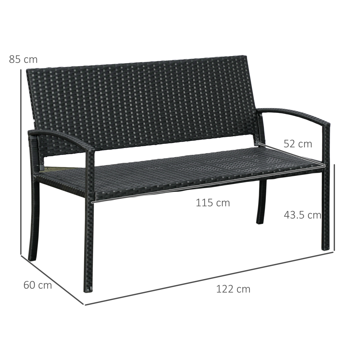 Outsunny Patio Rattan 2 Seater Garden Bench Love Seater Garden Armchair Black