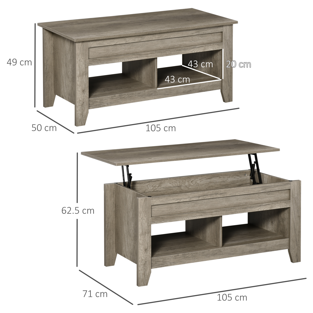HOMCOM Lift Top Coffee Table w/  Hidden Storage Compartment & Shelves Oak