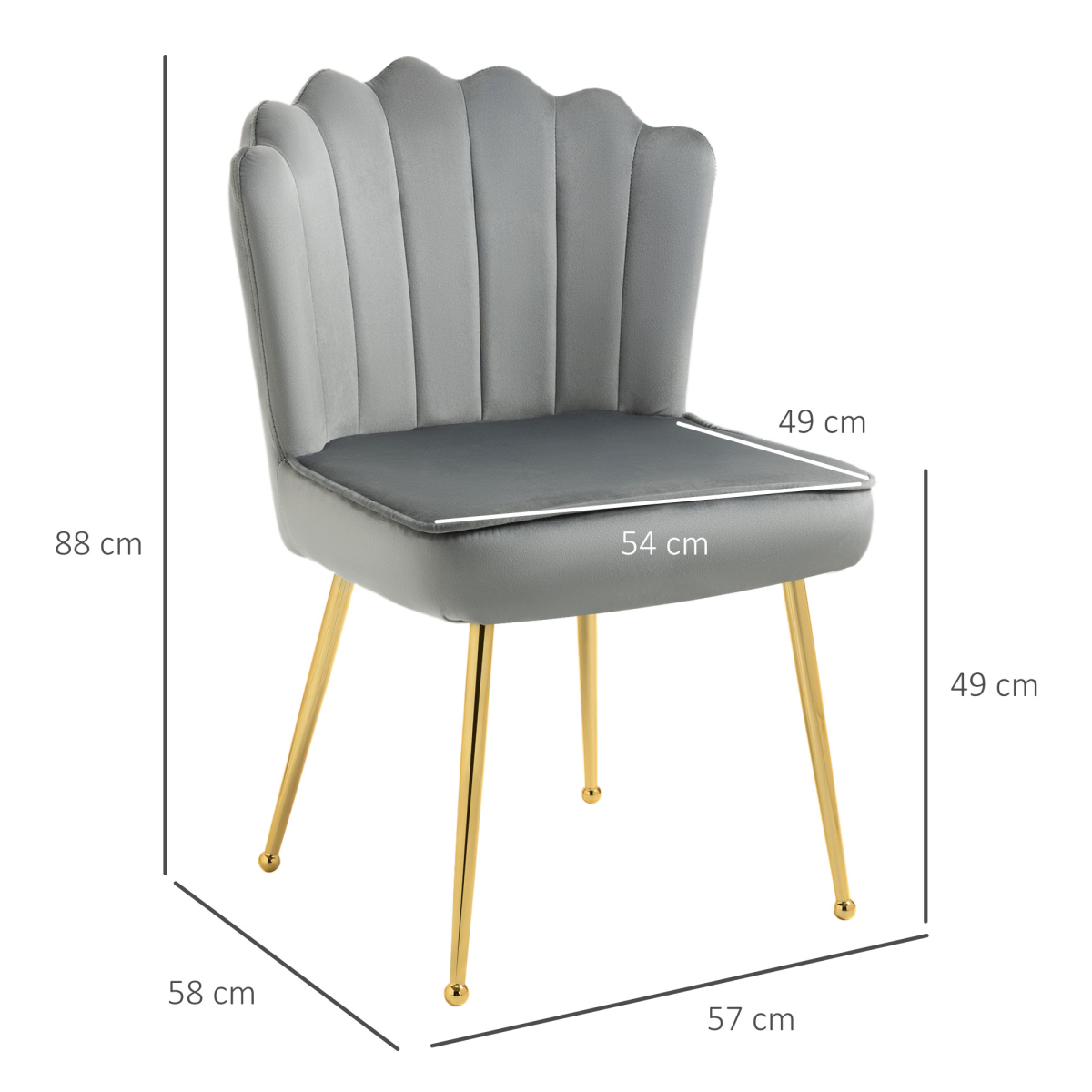 Velvet-Feel Shell Luxe Accent Chair Home Bedroom Lounge Metal Legs Grey