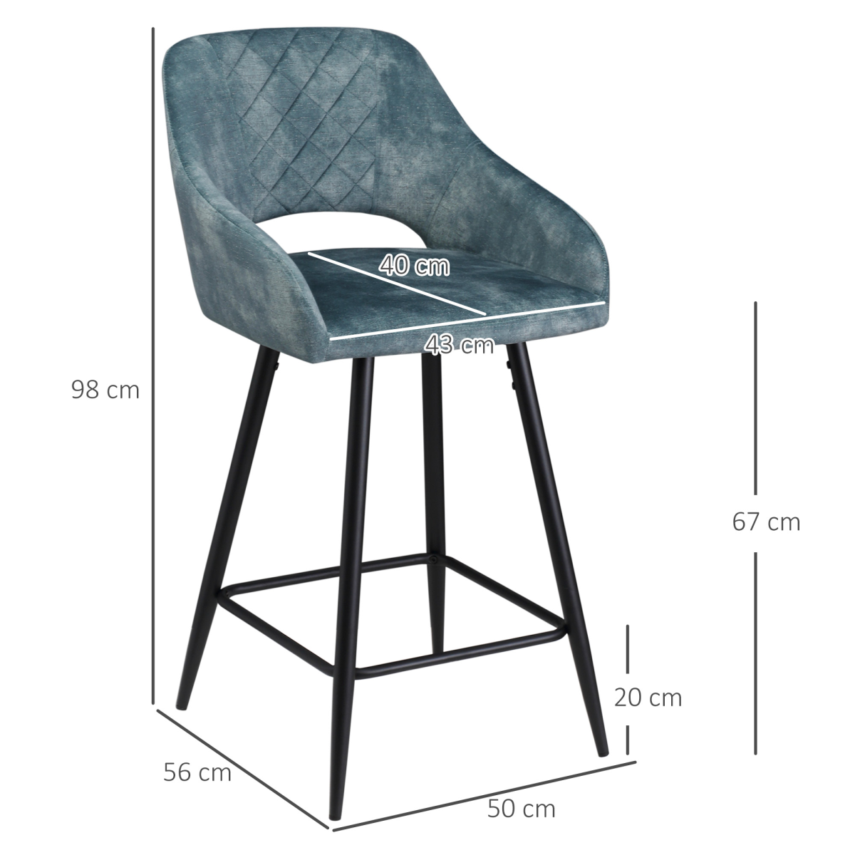 Bar Stools Set of 2, Velvet-Touch Fabric Counter Height Bar Chairs Blue HOMCOM