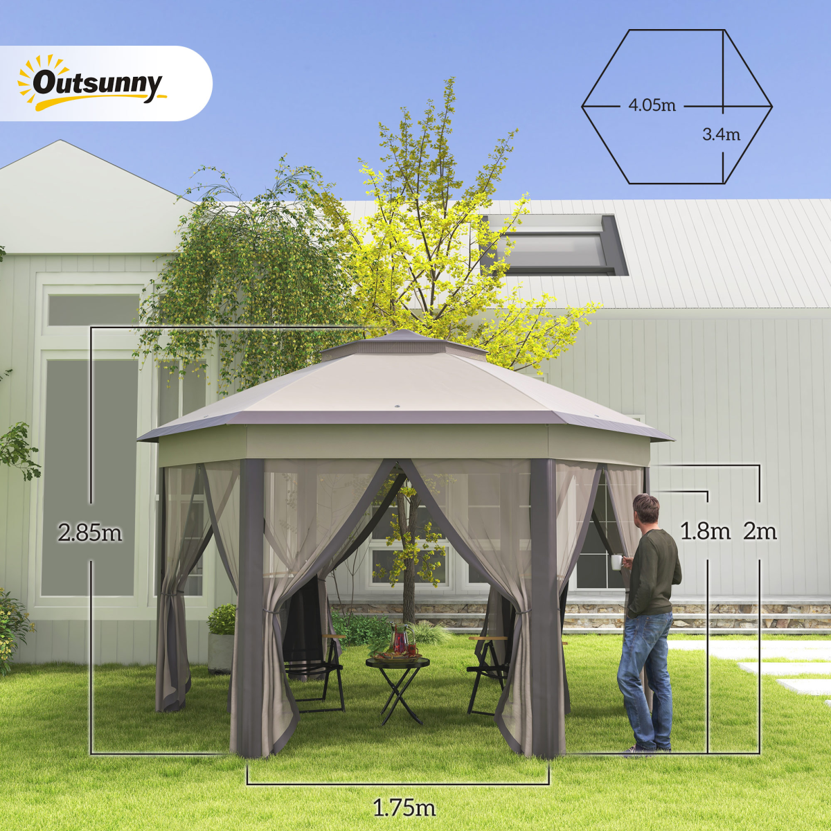 4.05m x 4.05m Metal Frame Mesh Draped 2-Tier Roof Gazebo Brown