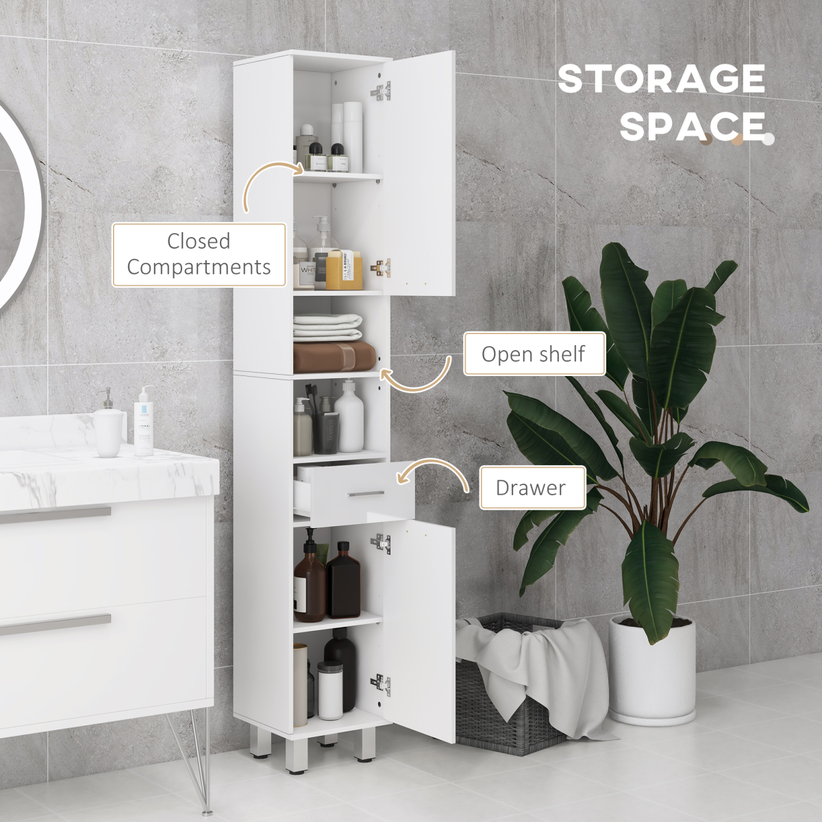 kleankin Tall Narrow Bathroom Storage Cabinet Cupboard w/ Cabinets, White