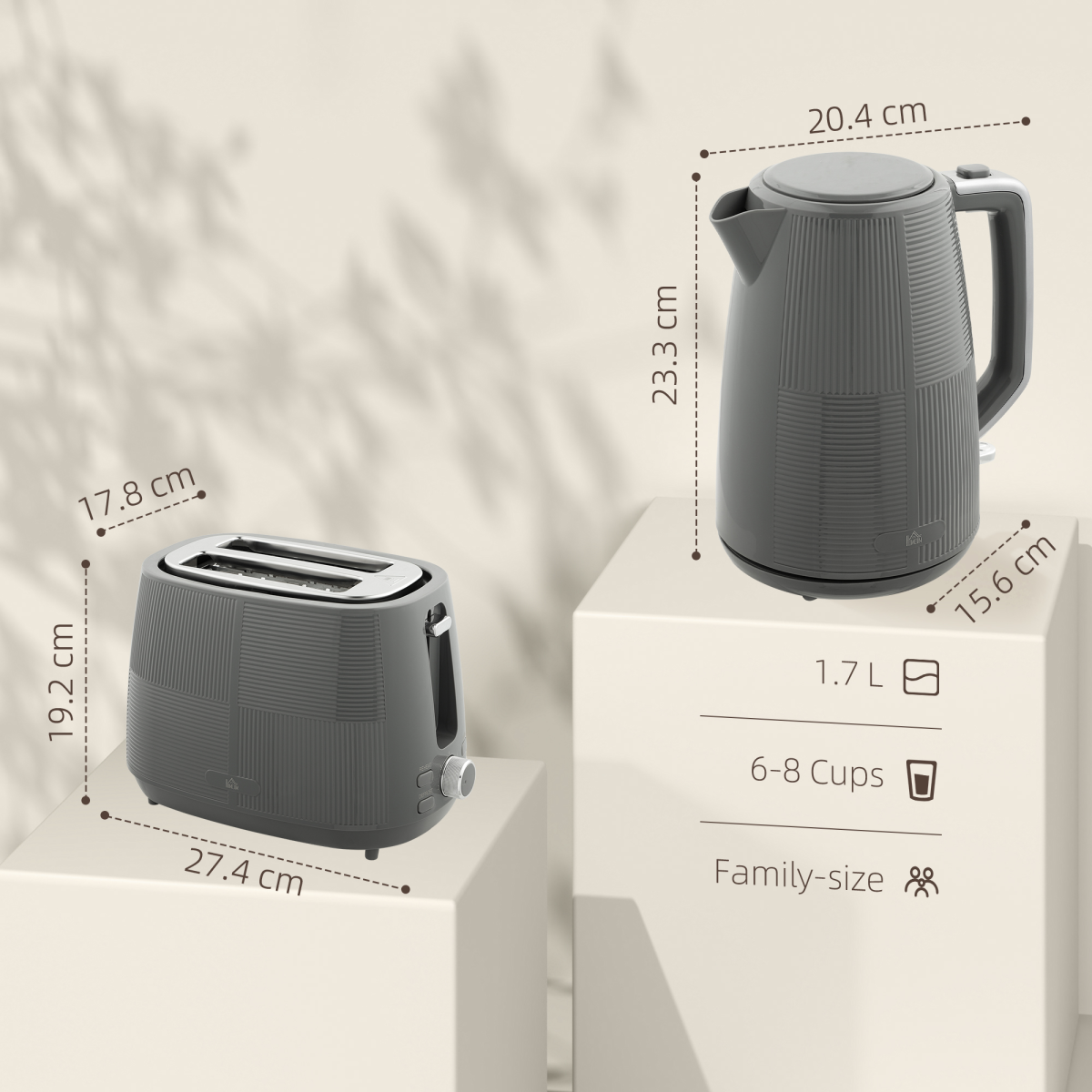 HOMCOM 1.7L Fast Boil Electric Kettle and 2 Slice Water Toaster Set, Grey