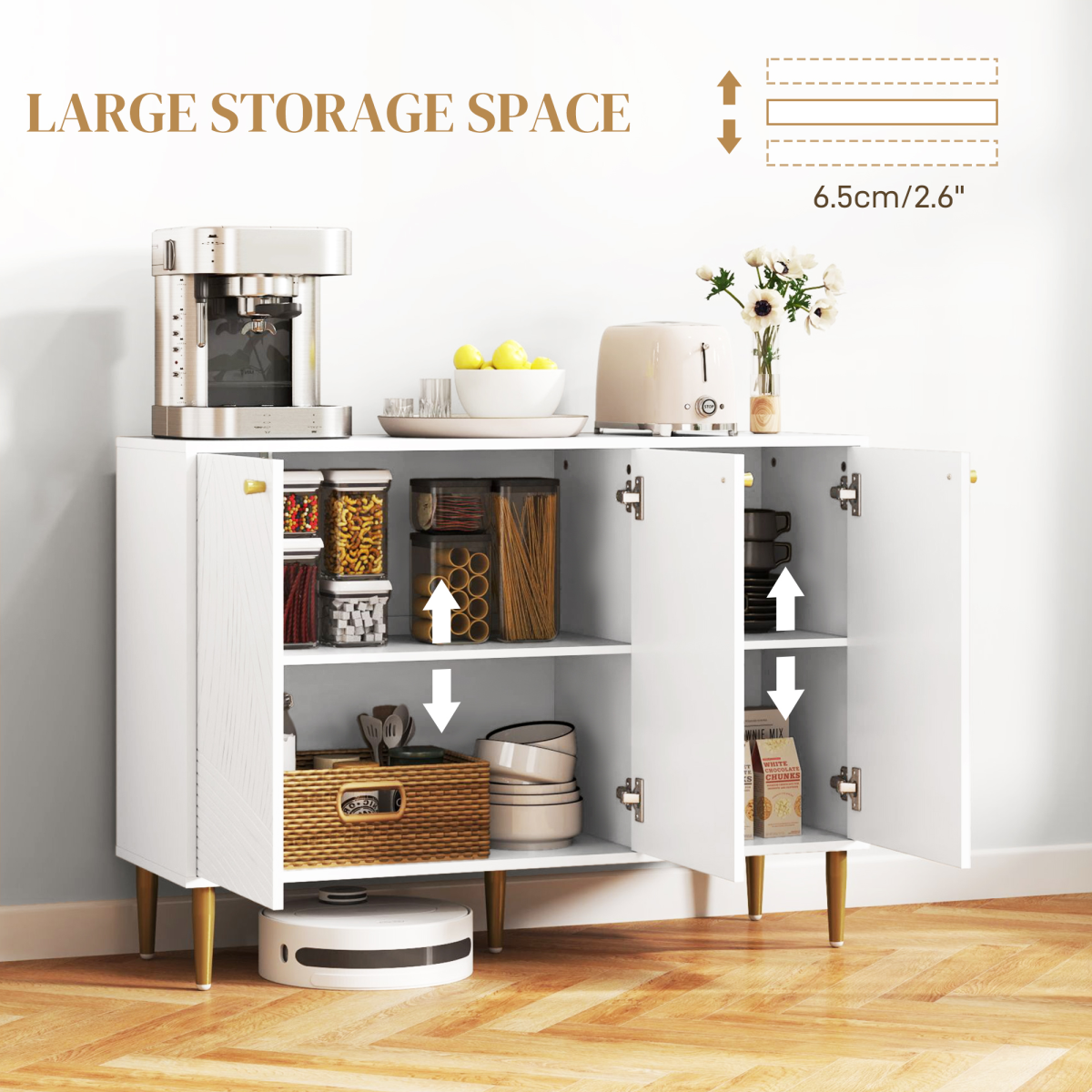 Elegant White Sideboard with Adjustable Shelves & Multi-Use Storage Cabinet