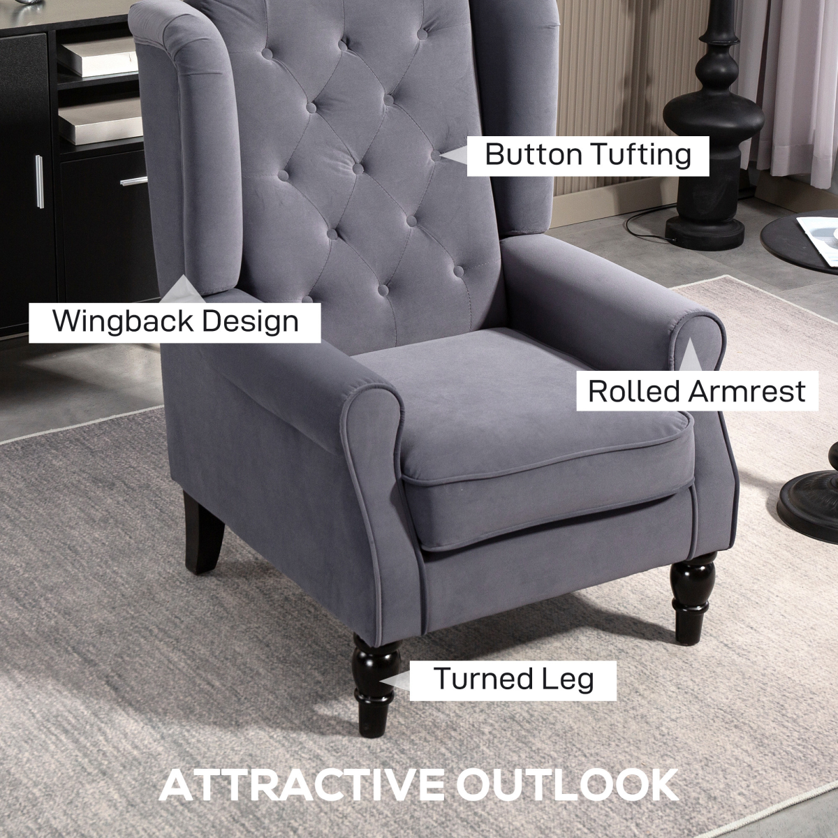 HOMCOM Accent Armchair Home Furniture Retro Tufted Club Fabric Charcoal Grey