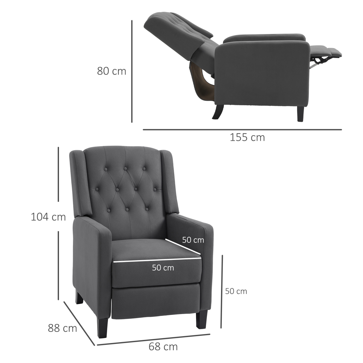 HOMCOM Button Tufted Microfibre Cloth Recliner Armchair for Living Room, Grey