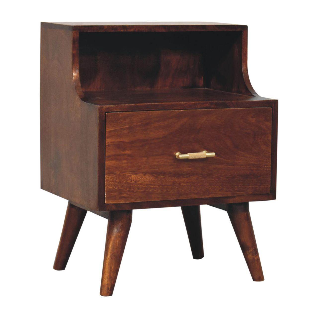 Artisan Furniture Solid Wood T-bar Raised Back Bedside, 1 Drawer, 1 Open Slot, Dark Brown