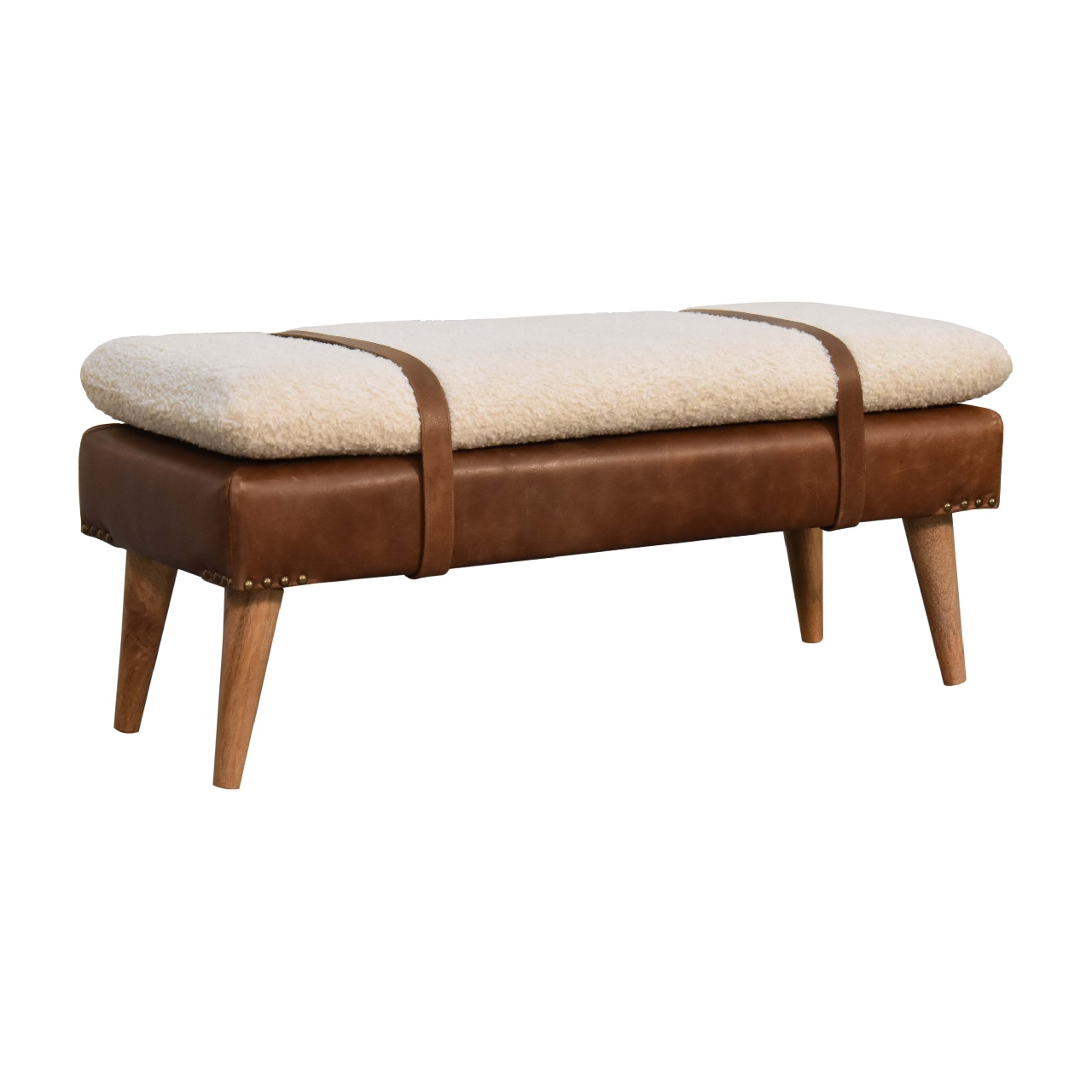 Artisan Furniture BouclÃ© Buffalo Hide Leather Bench, Upholstered, Brown & Cream