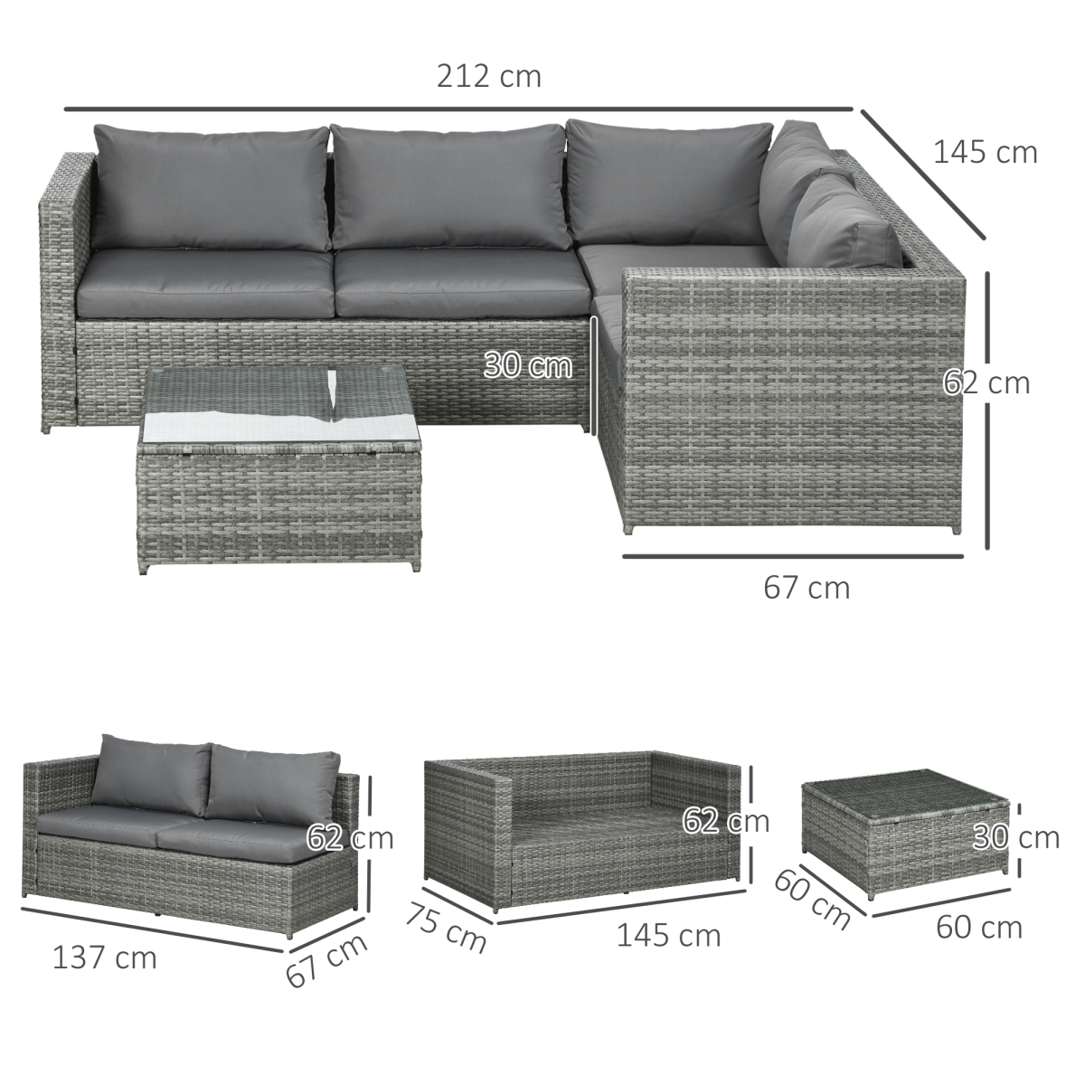 Outsunny 3Pcs Rattan Corner Sofa Set Coffee Table Garden Furniture w/ Cushion