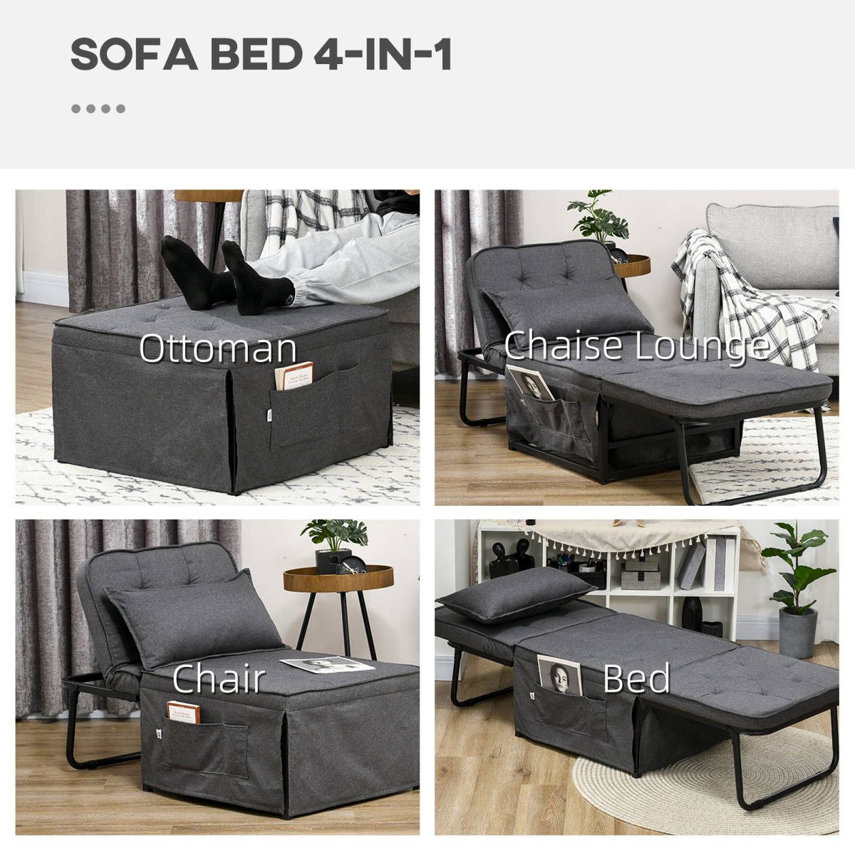 HOMCOM Folding Sleeper Chair Bed with Pillow and Side Pockets, Charcoal Grey