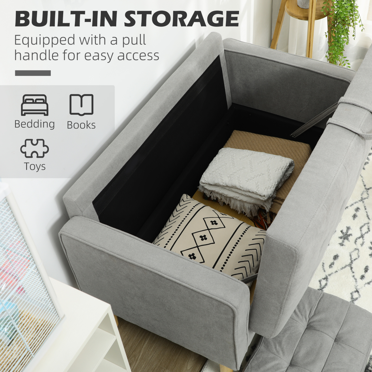 Modern 2 Seater Sofa with Storage Compact Loveseat Sofa for Living Room Grey
