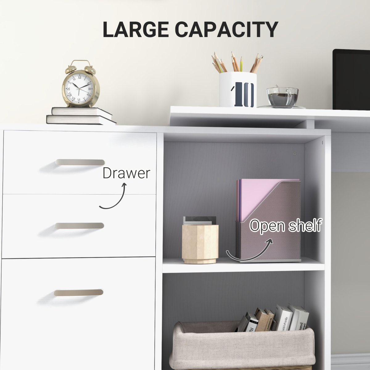 Home Office L Shape Computer Desk Workstation Drawer Shelf File Cabinet-White