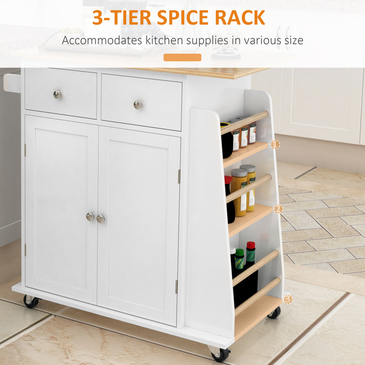 Kitchen Island Storage  Rubber Wood Top, 3-Tier Spice Rack,