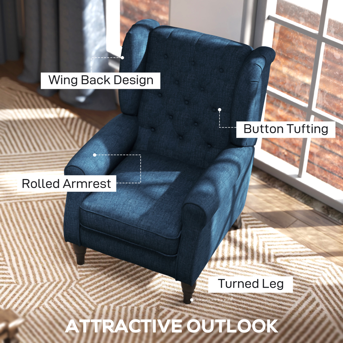 HOMCOM Accent Armchair Home Furniture Retro Tufted Club Wood Fabric Blue