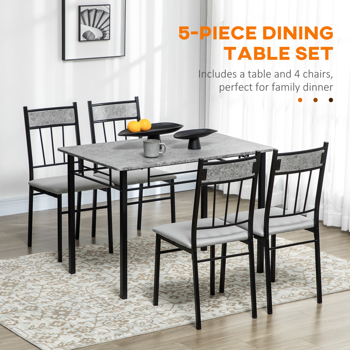 HOMCOM 5 Pieces Dining Room Sets, Kitchen Table and Chairs Set 4 with Marble Top