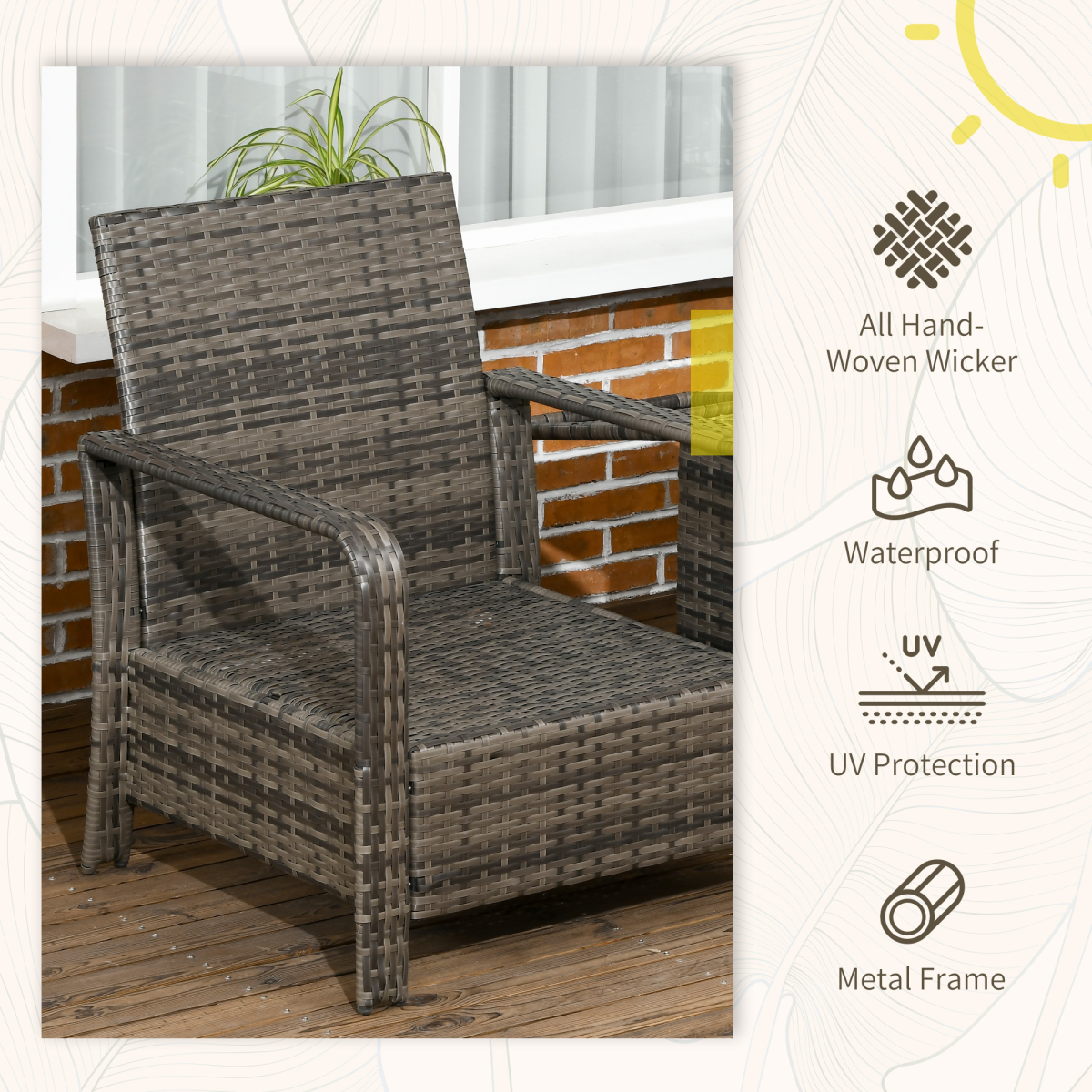 3 Piece PE Rattan Garden Sofa Set w/ 2 Chairs & Storage Table Grey Outsunny
