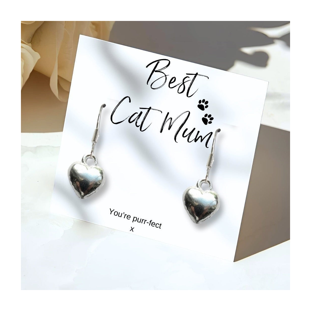 Small Best Cat Mum Gift Hamper Heart Earrings Chocolates & Candle