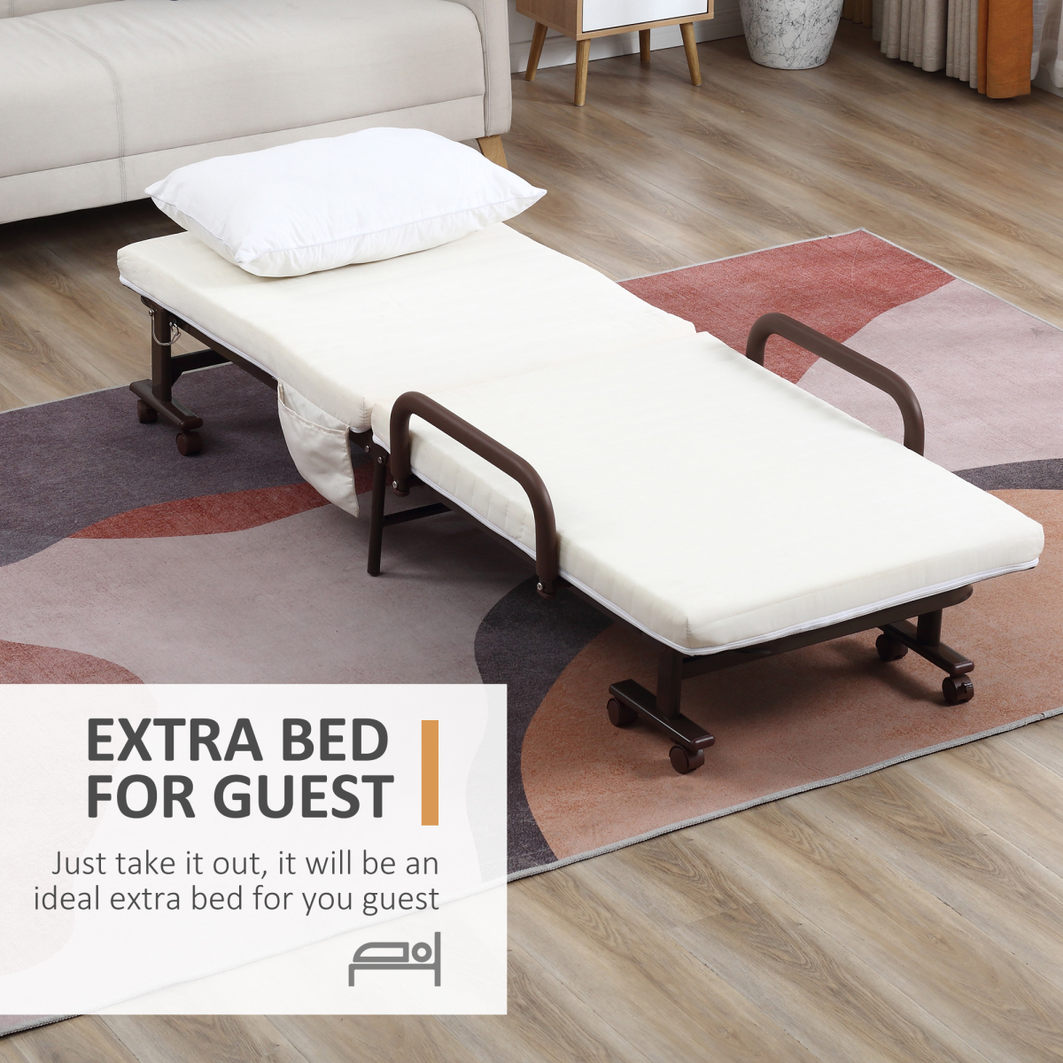 Folding Bed with Mattress & Wheels, Adjustable Backrest, Brown