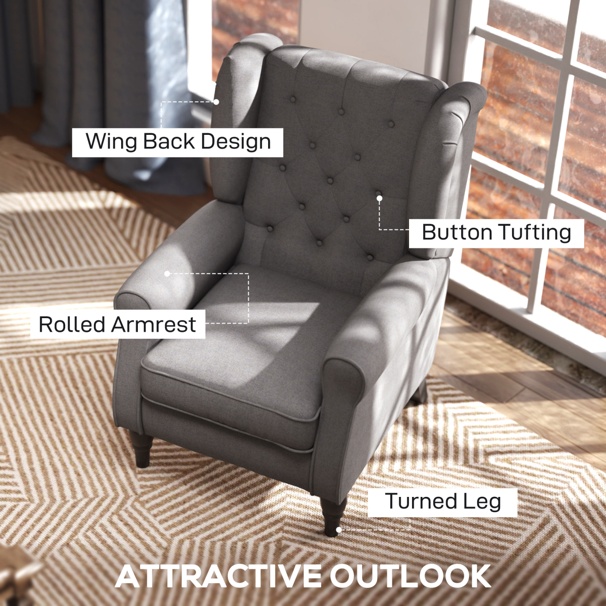 Accent Armchair Home Furniture Retro Tufted Club Wood Fabric Dark Grey