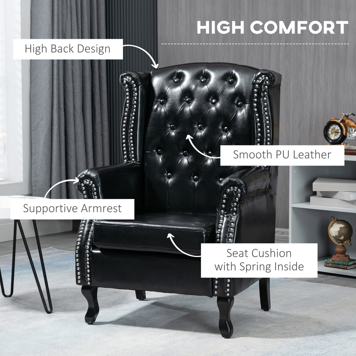 Chesterfield-style Wing Back Armchair Tufted Accent Chair Black