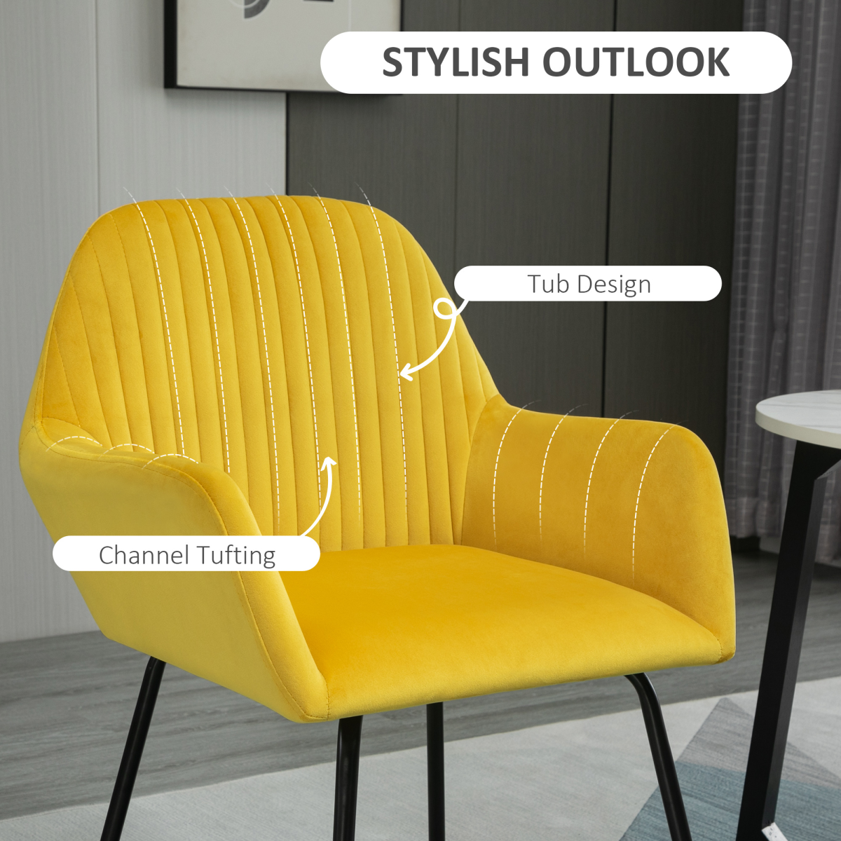Modern Accent Chair Velvet-Feel Upholstered Lounge Armchair Metal Base Yellow