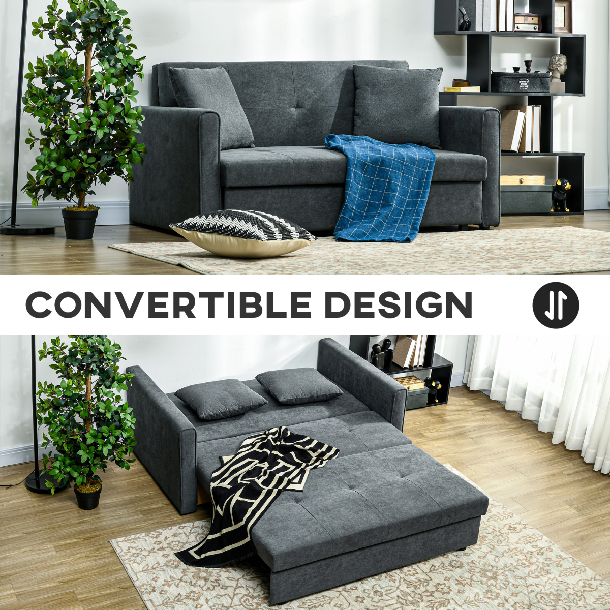 HOMCOM 2 Seater Sofa Bed Convertible Bed Settee with 2 Cushions Storage