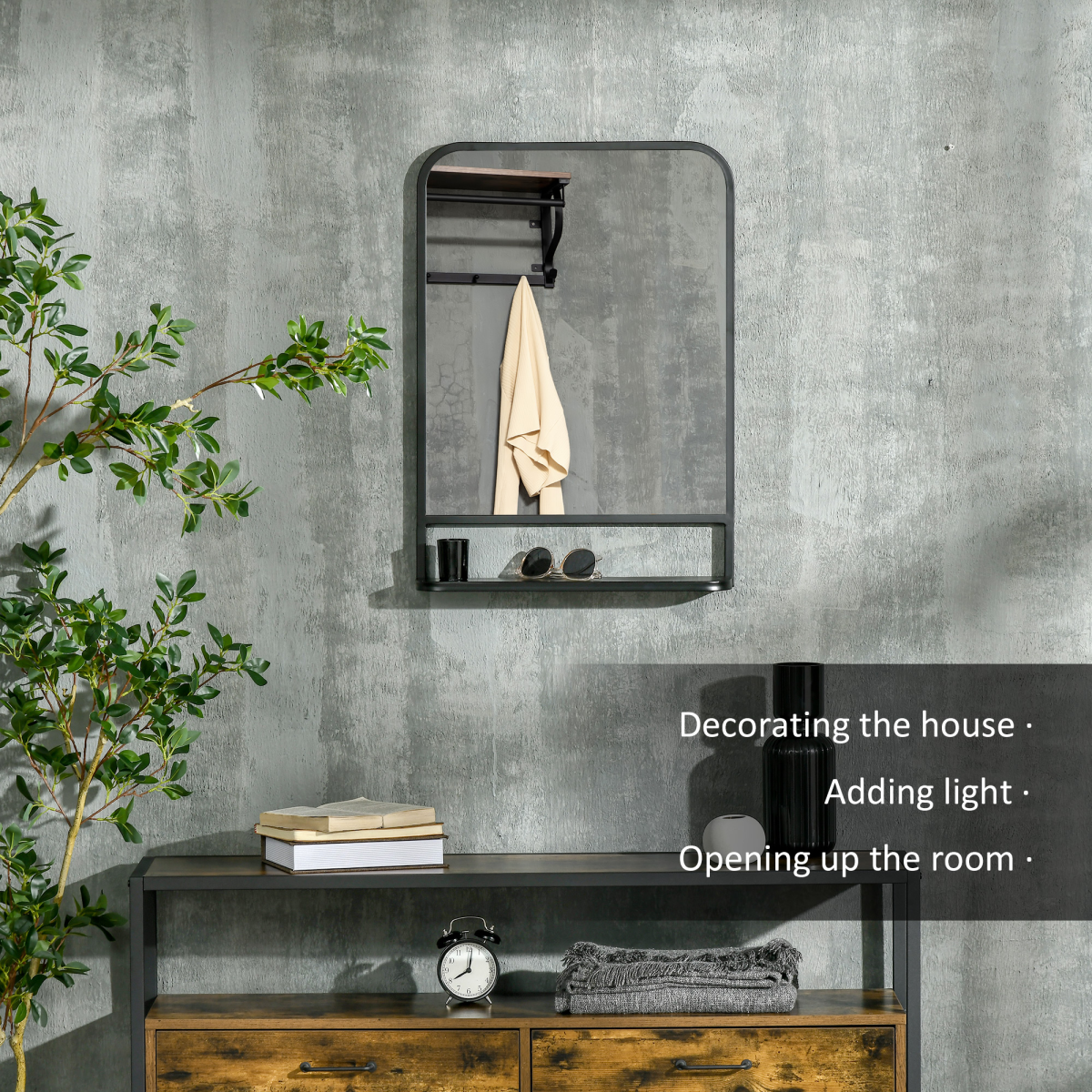 Square Wall Mirror with Shelf, 70x50 cm Modern Mirrors for Living Room, Bedroom
