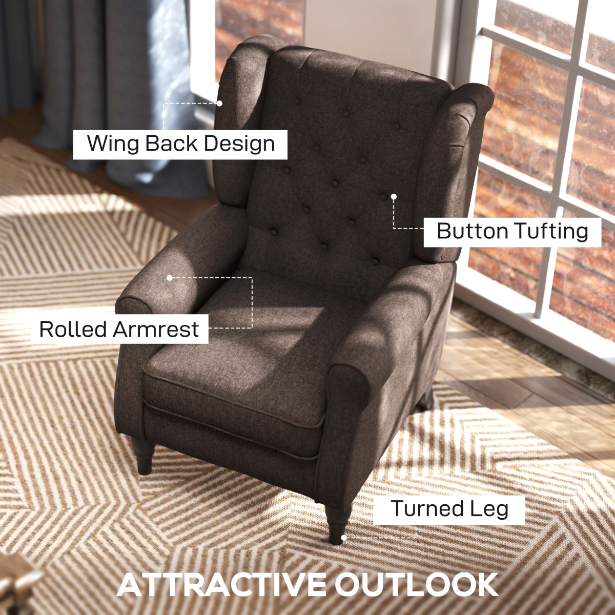 Retro Accent Chair Wingback Armchair with Wood Frame for Living Room Brown