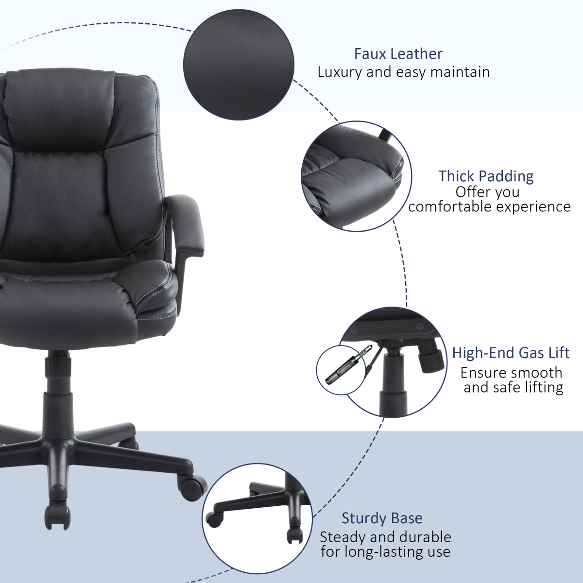Swivel Executive Office Chair Mid Back PU Leather Chair w/ Arm, Black HOMCOM
