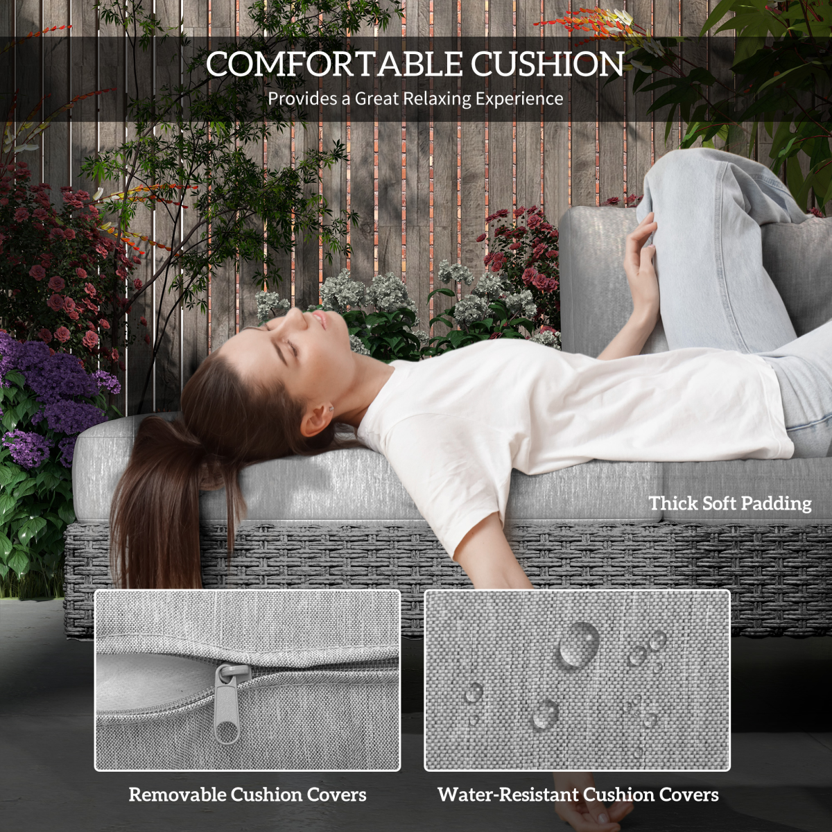 Outsunny 3pc Rattan Wicker Sofa Set with Tea Table & Cushions, Light Grey