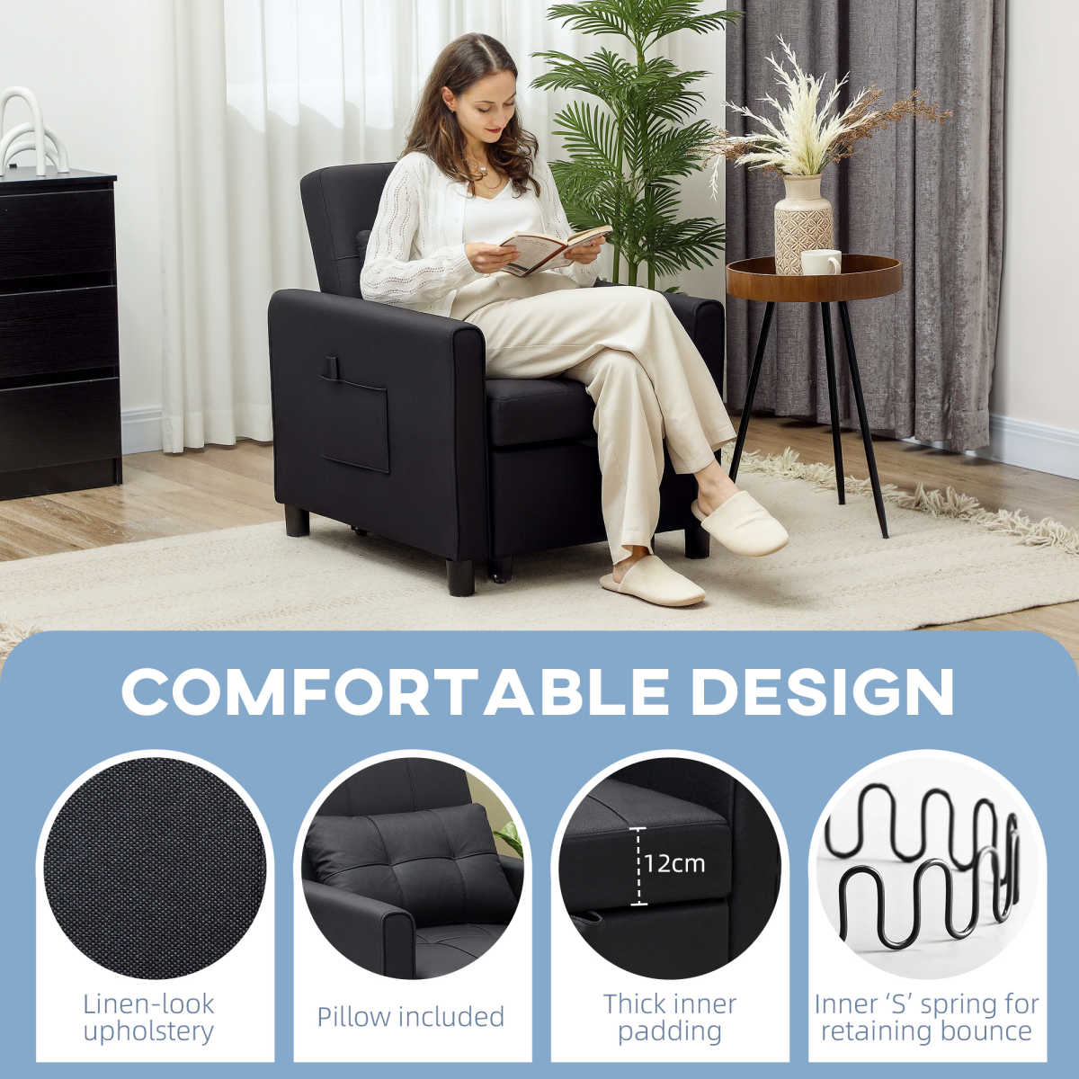 HOMCOM Folding Chair Bed, Sleeper Chair with Pillow, Side Pockets, Black