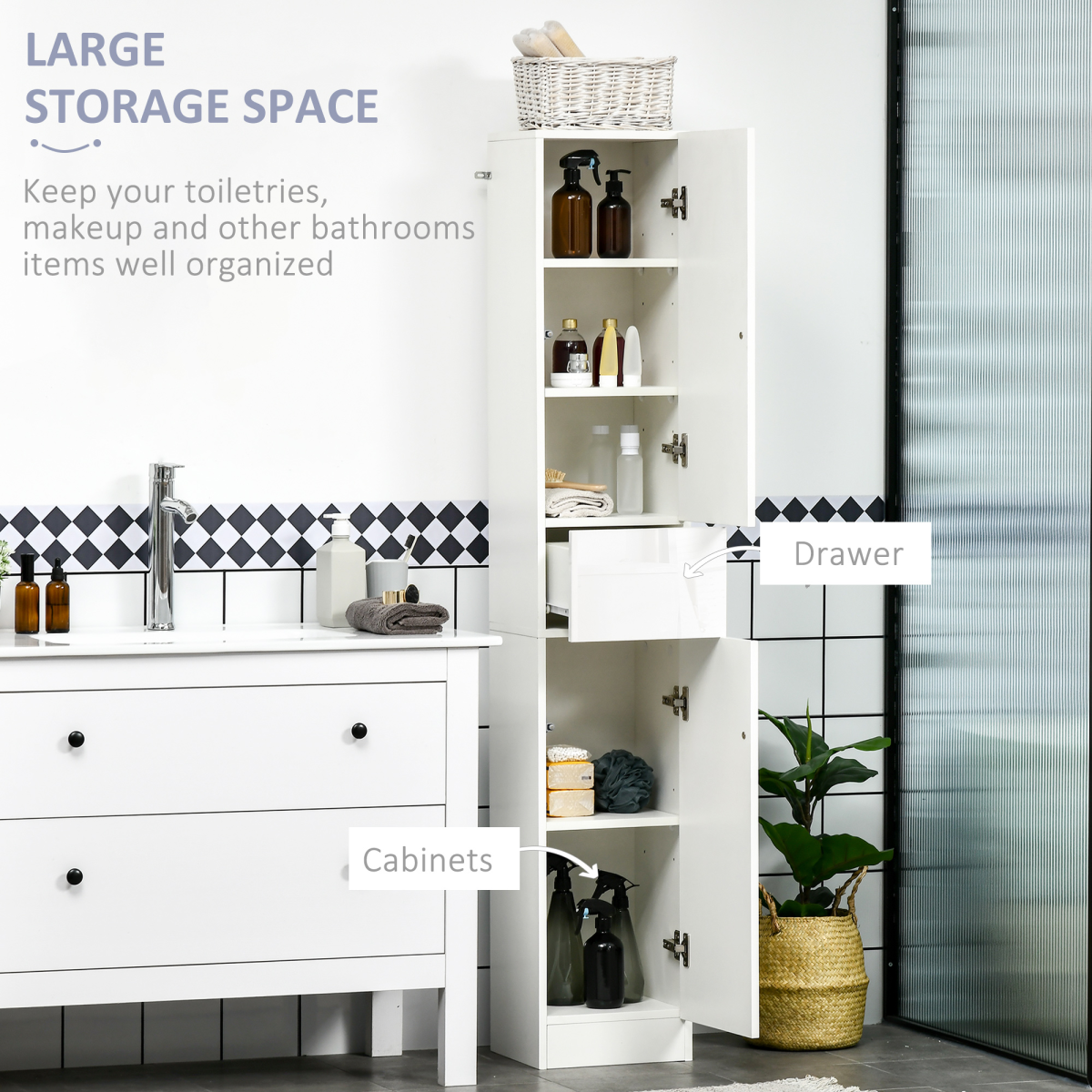 kleankin High Gloss Tall Bathroom Cabinet with Adjustable Shelves White