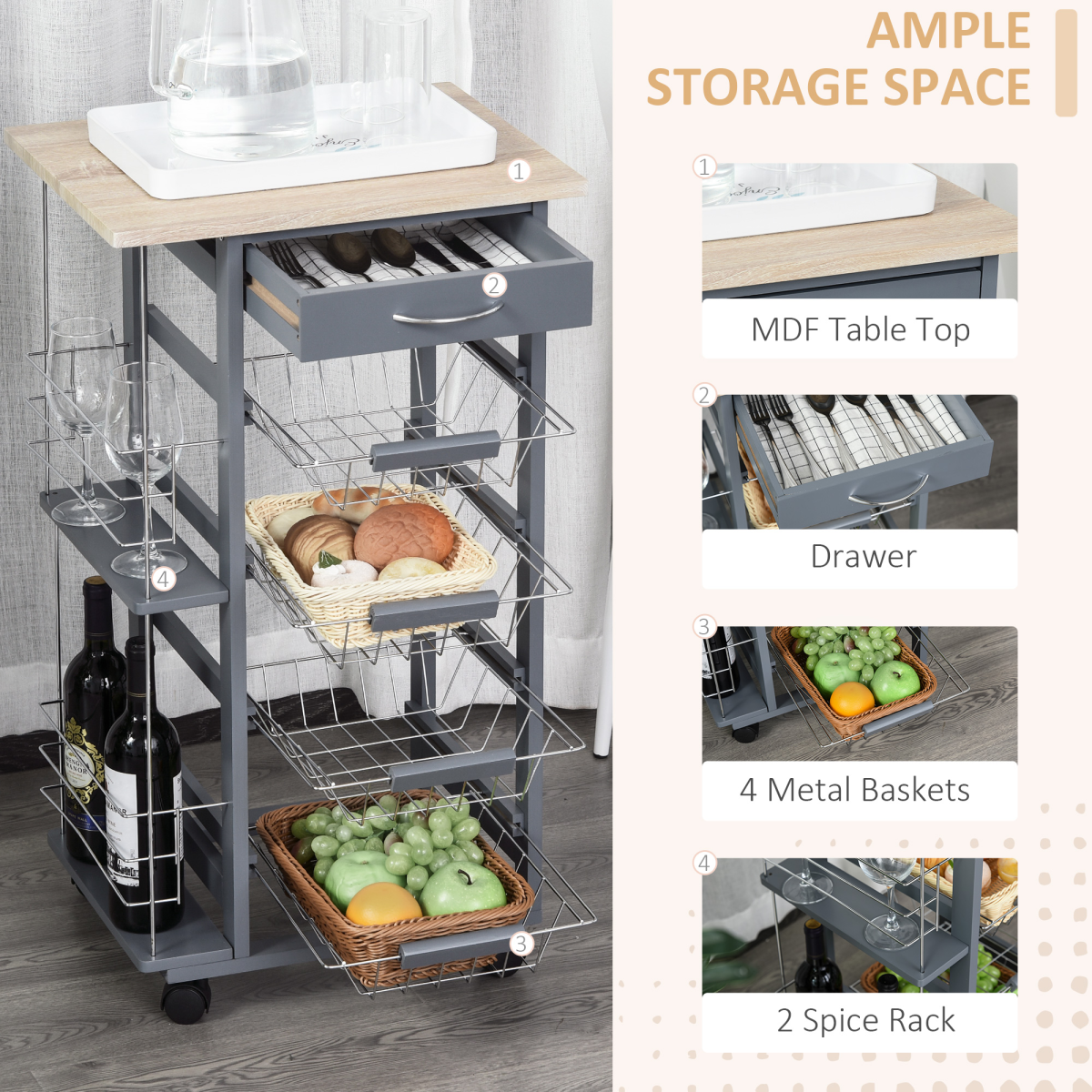 Kitchen Island Trolley w/ 4 Baskets 2 Side Racks Drawer Dark Grey