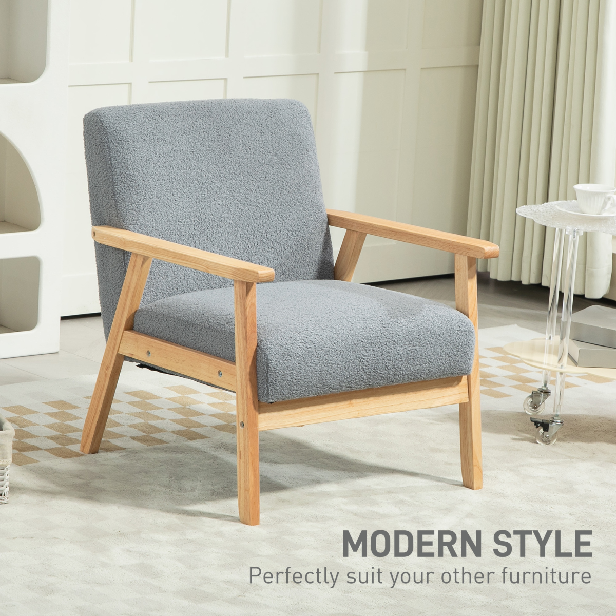 HOMCOM Accent Chair with Wood Frame Wide Seat Cashmere Armchair Grey