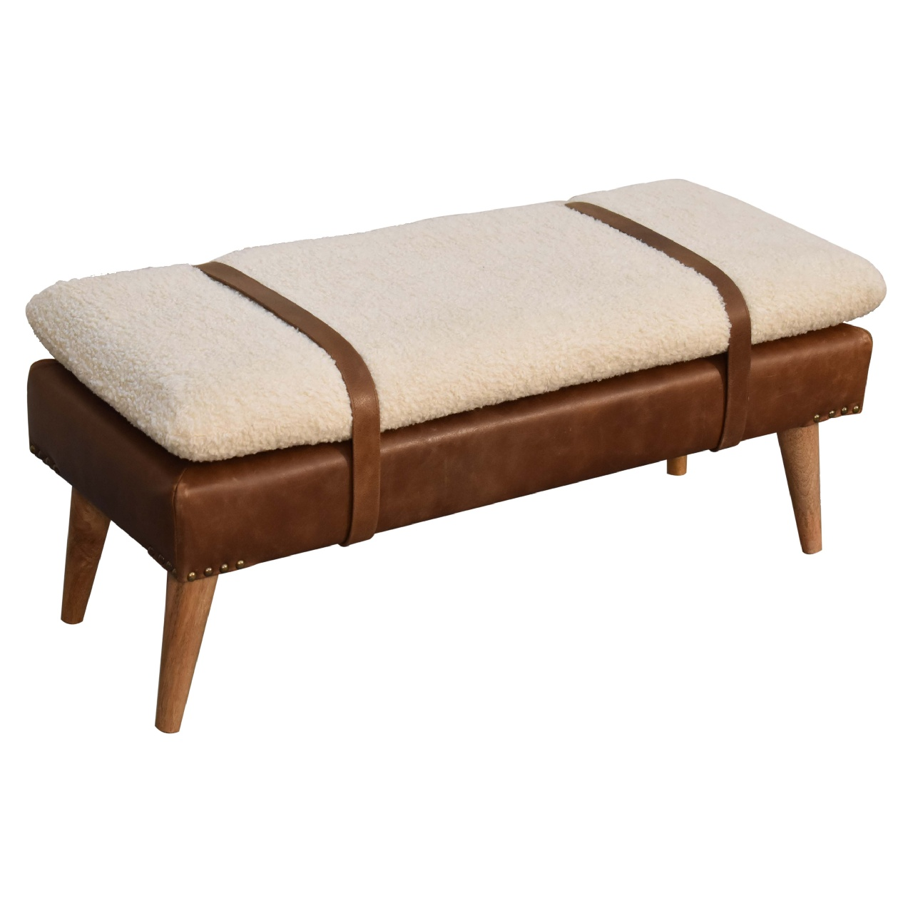 Artisan Furniture BouclÃ© Buffalo Hide Leather Bench, Upholstered, Brown & Cream