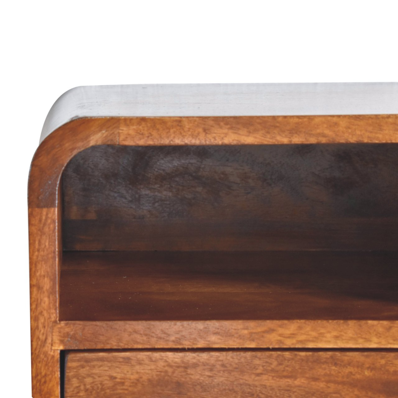 Artisan Furniture Solid Wood Extra Mini Wall Mounted Curved Chestnut Bedside with Open Slot, 1 Drawer, Dark Brown Color