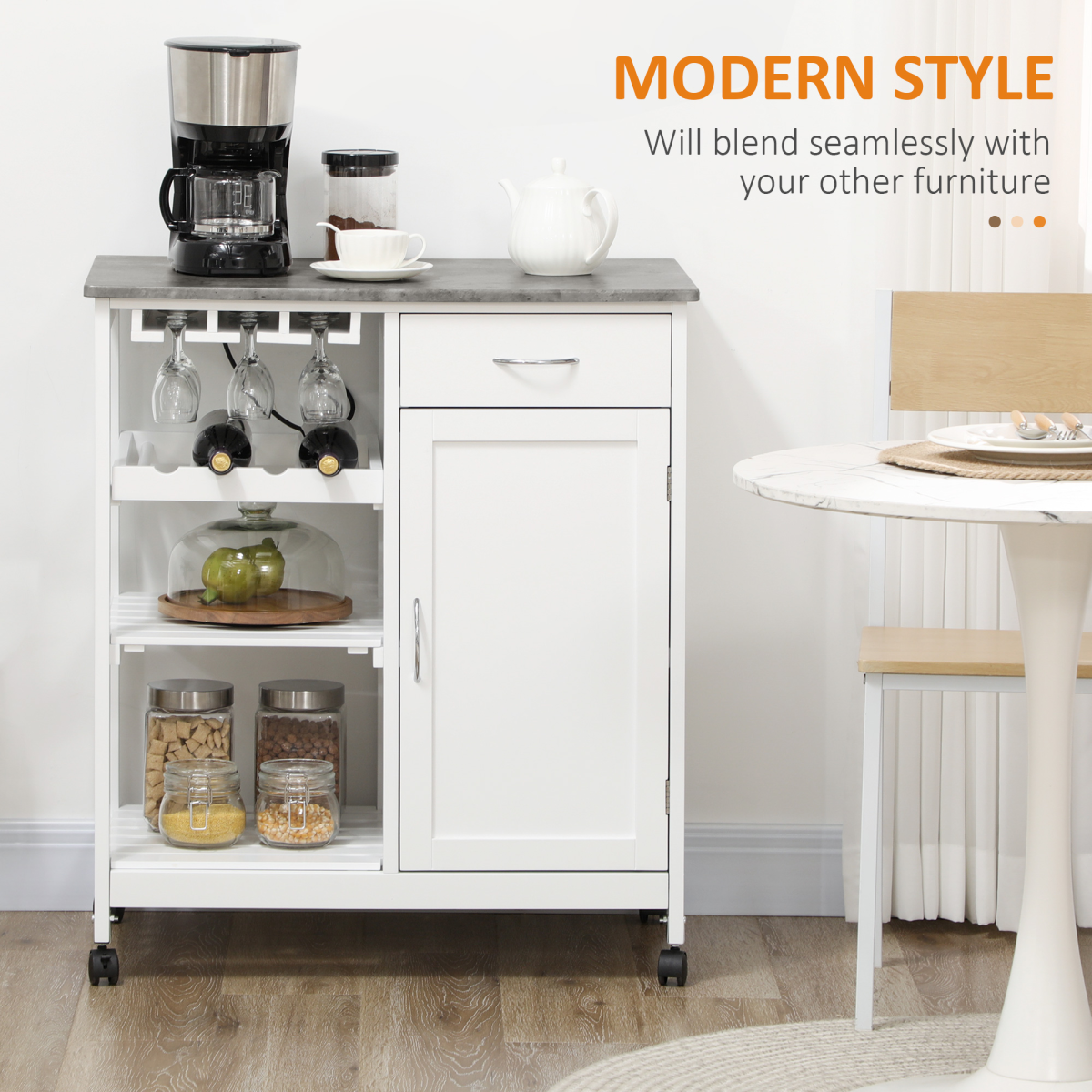Kitchen Trolley Utility Cart on Wheels with Wine Rack, Drawer, Open Shelf White